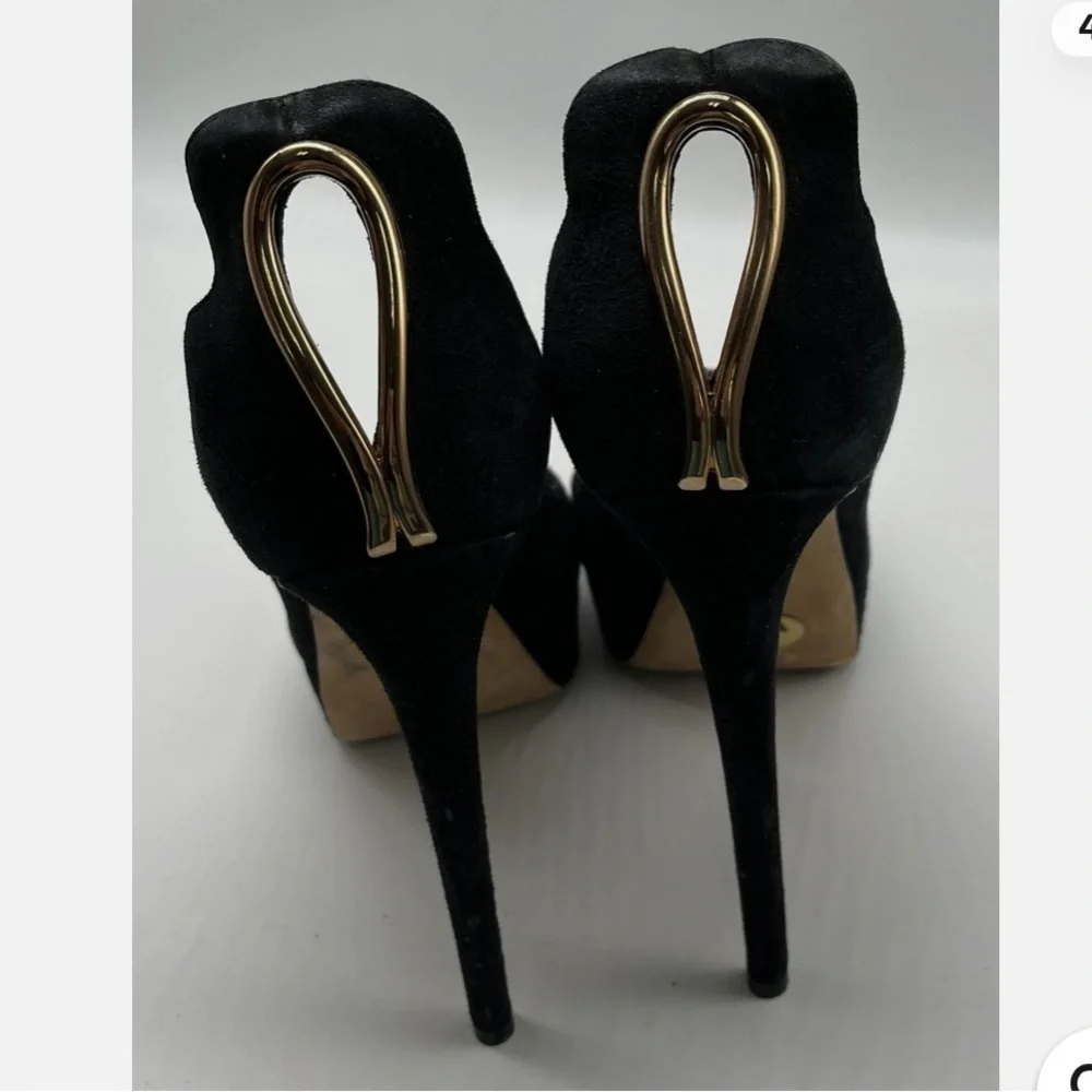 Sergio Rossi Black Suede Platform Peep Toe Pump w/ Gold Heel Cut-Out